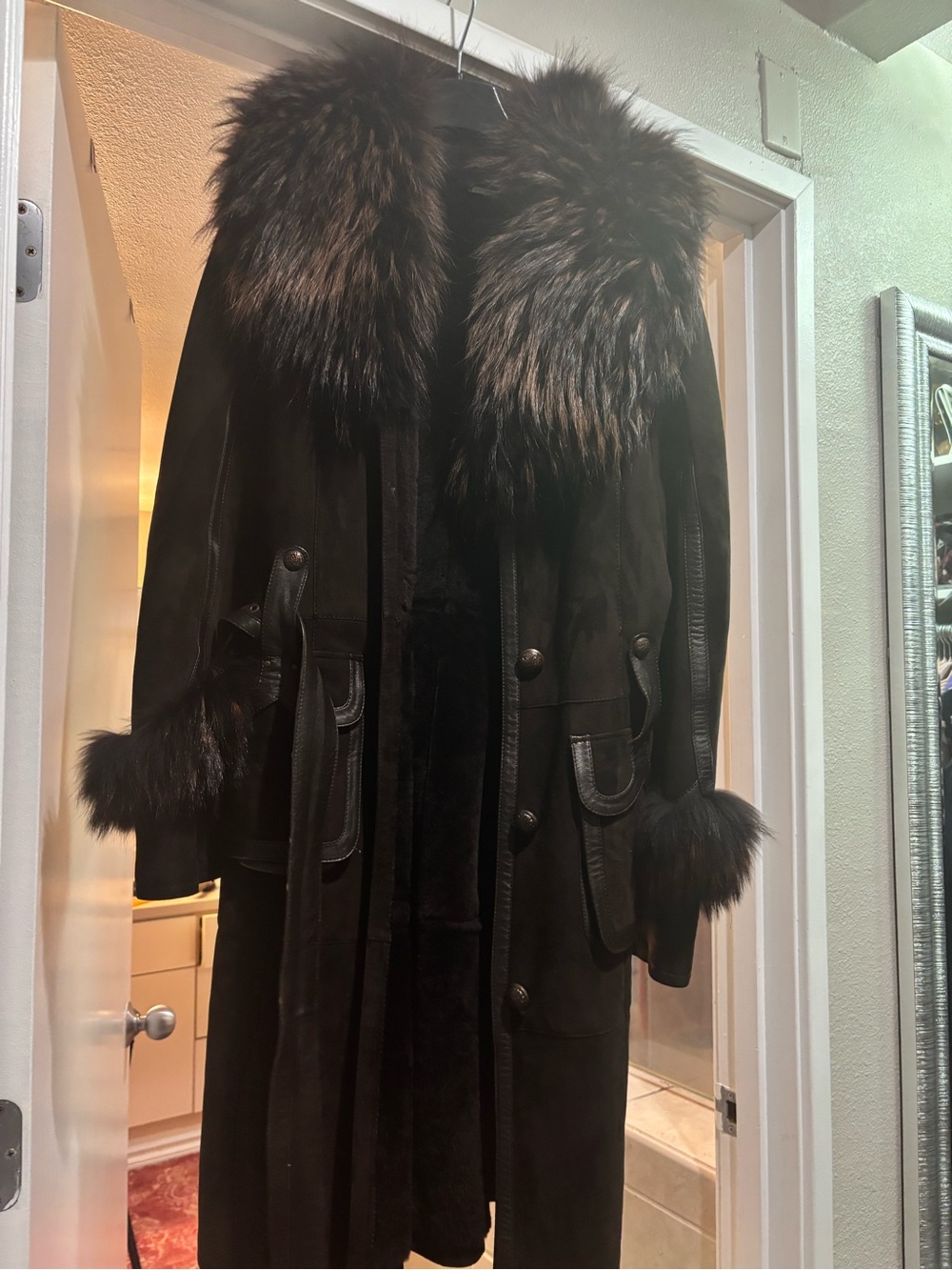 Black Long Shearling Trench Coat with Fur Trim